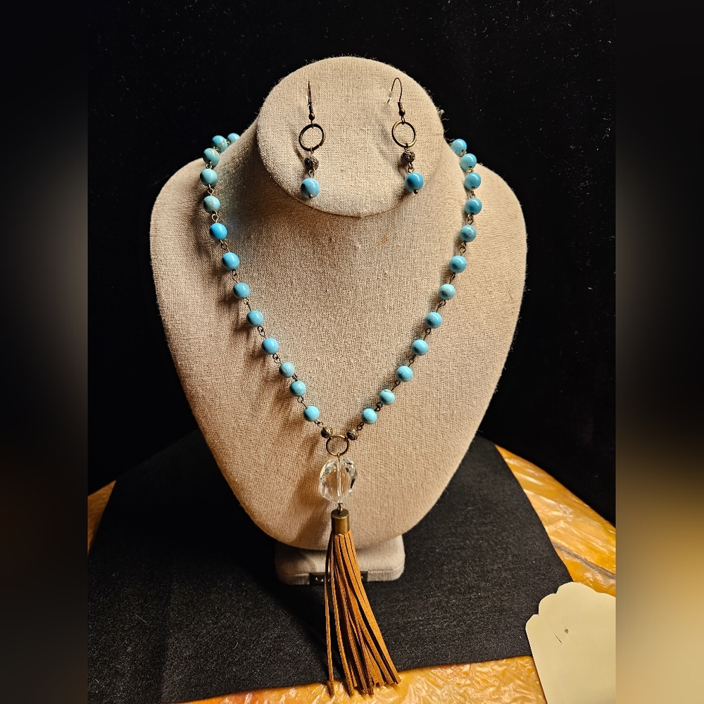 Handmade turquoise and brass necklace and earrings set. Crystal and fringe